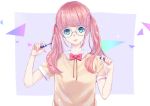  1girl absurdres aqua_eyes arms_up bangs bow bowtie closed_mouth commentary_request freckles glasses head_tilt highres holding looking_at_viewer makeup nail_polish original pink_bow pink_hair pink_neckwear round_eyewear shiny shiny_hair shirt short_sleeves solo sparkle twintails upper_body yato_maru yellow_shirt 