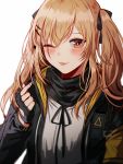  :p bangs black_gloves black_ribbon blush breasts brown_eyes brown_hair closed_mouth commentary fingerless_gloves girls_frontline gloves hair_between_eyes hair_ornament hair_ribbon hairclip hand_up hood hood_down hooded_jacket jacket long_hair looking_at_viewer one_eye_closed open_clothes open_jacket ribbon scar scar_across_eye shirt sidelocks silence_girl simple_background smile tongue tongue_out twintails ump9_(girls_frontline) upper_body white_background white_shirt 