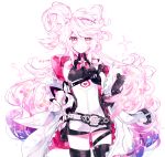  1girl belt black_gloves black_shorts clenched_hand closed_mouth cowboy_shot elsword eternity_winner_(elsword) g_ieep gloves hairband highres jacket laby_(elsword) long_hair looking_at_viewer messy_hair pink_eyes shorts simple_background smile solo white_background white_hair 