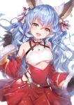  1girl alternate_costume animal_ears bangs bare_shoulders black_gloves blue_hair blush bow breasts commentary_request detached_collar detached_sleeves dress eyebrows_visible_through_hair ferry_(granblue_fantasy) fur-trimmed_sleeves fur_trim gloves granblue_fantasy hair_between_eyes hair_bow hand_up head_tilt highres long_hair long_sleeves open_mouth panties red_dress red_panties santa_costume shiny shiny_hair side-tie_panties side_slit simple_background small_breasts smile solo striped striped_bow topia under_boob underwear upper_teeth very_long_hair wavy_hair white_background white_bow yellow_eyes 