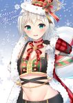 1girl absurdres aoba_moca bang_dream! black_gloves black_shorts blue_eyes blush braid breasts choker christmas cleavage collarbone commentary_request crop_top fingerless_gloves fur-trimmed_jacket fur_trim gloves groin hat hat_ribbon highres holding holding_sack jacket long_sleeves looking_at_viewer medium_breasts merry_christmas midriff nari_(narikashi) navel neck_ribbon open_clothes open_jacket parted_lips red_choker red_hat red_jacket red_neckwear ribbon sack santa_costume short_hair shorts silver_hair sleeves_past_wrists smile snowflakes solo stomach top_hat upper_body