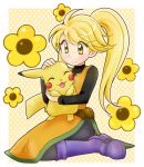  1girl ^_^ black_pants black_shirt blonde_hair blush_stickers boots chikorita85 closed_eyes closed_eyes closed_mouth commentary creature creatures_(company) dress english_commentary floral_background game_freak gen_1_pokemon holding holding_pokemon long_dress long_hair long_sleeves nintendo pants pika_(pokemon) pikachu poke_ball poke_ball_(generic) pokemon pokemon_(creature) pokemon_special polka_dot polka_dot_background purple_footwear shirt sleeveless sleeveless_dress smile yellow yellow_(pokemon) yellow_background yellow_dress 