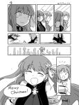  2girls :d ^_^ asaya_minoru bangs bare_shoulders blush boots bow breasts chaldea_uniform closed_eyes closed_eyes closed_mouth comic eyebrows_visible_through_hair fate/extra fate/extra_ccc fate/grand_order fate_(series) fujimaru_ritsuka_(female) greyscale hair_between_eyes hair_bow hair_ornament hair_scrunchie high_heel_boots high_heels highres jacket large_breasts long_hair merry_christmas monochrome multiple_girls o-ring one_side_up open_mouth passion_lip profile reflection scrunchie shirt sleeveless sleeveless_shirt smile star star_hair_ornament twitter_username uniform very_long_hair wavy_mouth window 