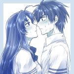  1boy 1girl ahoge blush bow bowtie chidori_kaname collared_shirt couple cross_scar eyebrows_visible_through_hair face-to-face facial_scar frame full_metal_panic! hetero imminent_kiss lips long_hair looking_at_another monochrome profile sagara_sousuke scar school_uniform shiki_(the-sleeping-snow-white) shirt short_hair simple_background spiky_hair straight_hair sweat upper_body 