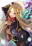  1girl abigail_williams_(fate/grand_order) bangs bell black_bow black_jacket blonde_hair blue_eyes blue_shirt blurry blurry_background blush bow fate/grand_order fate_(series) forehead hair_bow hand_up happy_new_year highres holding holding_stuffed_animal jacket long_hair long_sleeves looking_at_viewer new_year open_clothes open_jacket open_mouth orange_bow parted_bangs plaid plaid_skirt pleated_skirt polka_dot polka_dot_bow red_scarf scarf shirt skirt smile snowing solo stuffed_animal stuffed_toy teddy_bear zotari 
