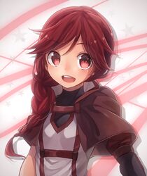  1girl :d aiueo12130306 bangs braid braided_ponytail brown_capelet eyebrows_visible_through_hair hai_to_gensou_no_grimgar hair_between_eyes hair_over_shoulder long_hair looking_at_viewer open_mouth red_eyes redhead single_braid smile solo swept_bangs upper_body yume_(grimgar) 