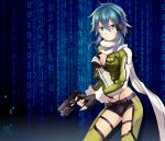  1girl absurdres aqua_eyes black_gloves black_shorts blue_hair breasts cleavage fingerless_gloves gloves green_jacket green_legwear gun hair_between_eyes hair_ornament hairclip highres holding holding_gun holding_weapon jacket long_sleeves looking_at_viewer medium_breasts micro_shorts open_clothes open_jacket scarf shiny shiny_hair shiny_skin shion100 short_hair_with_long_locks shorts sidelocks sinon solo standing sword_art_online thigh_strap weapon white_scarf 