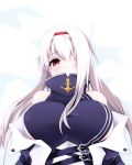  1girl anchor_symbol andre_hamonica azur_lane blush breasts colorado_(azur_lane) commentary_request hair_over_one_eye hairband highres large_breasts long_hair looking_at_viewer red_eyes simple_background solo upper_body white_background white_hair 