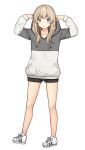  1girl arms_up bangs black_shorts blue_eyes blush commentary_request eyebrows_visible_through_hair full_body grey_hoodie hood hood_up hoodie kurata_rine light_brown_hair long_hair long_sleeves looking_at_viewer original parted_lips short_shorts shorts solo standing white_footwear 
