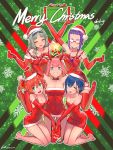  5girls :d absurdres antlers aqua_eyes arm_up arms_up bare_shoulders barefoot bell bell_collar blue_hair box chinese_commentary christmas christmas_ornaments closed_eyes cloverworks collar collarbone commentary_request darling_in_the_franxx dated double_bun dress elbow_gloves eyebrows_visible_through_hair eyes_visible_through_hair forehead fur-trimmed_dress fur-trimmed_hat gift gift_box glasses gloves gorgeous_mushroom green_eyes green_hair grin hair_ornament hairclip hat heart_arms highres huge_filesize ichigo_(darling_in_the_franxx) ikuno_(darling_in_the_franxx) jingle_bell kneeling kokoro_(darling_in_the_franxx) long_hair looking_at_viewer merry_christmas miku_(darling_in_the_franxx) multiple_girls open_mouth outstretched_arm party_hat pink_hair pom_pom_(clothes) purple_hair red_dress red_gloves red_hat redhead santa_dress santa_hat short_hair shueisha smile snowflakes star strapless strapless_dress studio_trigger thigh_gap v-shaped_eyebrows zero_two_(darling_in_the_franxx) 