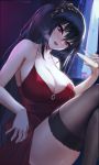  1girl absurdres azur_lane bare_shoulders black_hair breasts collarbone cup curtains drinking_glass hair_between_eyes halterneck heavy_breathing highres indoors large_breasts legs_crossed long_hair night no_bra parted_lips pouring red_eyes smile solo taihou_(azur_lane) thigh-highs wine_glass 
