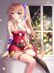  1girl ahoge arm_ribbon bell belt black_legwear blue_bow blue_eyes bow breasts brown_hair christmas christmas_tree cleavage closed_mouth dress fal_(girls_frontline) girls_frontline hair_bow hair_intakes highres jingle_bell large_breasts light_particles long_hair looking_at_viewer merry_christmas miniskirt pom_pom_(clothes) red_dress ribbon scarf side_ponytail signature single_thighhigh skirt smile solo striped striped_bow thigh-highs white_scarf xes_(xes_5377) 