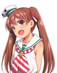  1girl arms_behind_back bare_shoulders brown_hair fang hat kantai_collection libeccio_(kantai_collection) long_hair navel open_mouth smile solo tan twintails uousa-ou upper_body 