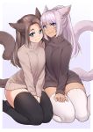  2girls animal_ears black_legwear blue_eyes brown_hair cat_ears cat_tail commentary commission dark_skin english_commentary eyebrows_visible_through_hair eyes_visible_through_hair highres iwbitu-sa long_hair looking_at_viewer multiple_girls original seiza silver_hair simple_background sitting slit_pupils smile sweater tail thigh-highs turtleneck turtleneck_sweater violet_eyes whisker_markings white_legwear 