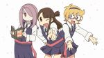  3girls asymmetrical_bangs bangs blonde_hair blue_eyes book brown_eyes brown_hair glasses hair_over_one_eye hairband holding kagari_atsuko little_witch_academia long_hair lotte_jansson luna_nova_school_uniform multiple_girls nakkasu nichijou one_eye_closed parody pink_hair pointing ponytail red_eyes school_uniform short_hair sucy_manbavaran 