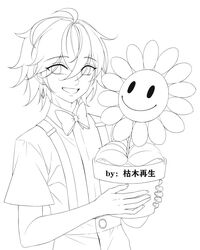  1boy absurdres artist_name bow bowtie collared_shirt crystal_earrings earrings facial_mark fence flower grin highres holding_flower_pot jewelry kumu_zaisheng lineart monochrome pants personification plants_vs_zombies shirt short_hair short_sleeves smile sunflower sunflower_(plants_vs_zombies) suspenders teeth upper_body 