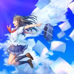  1girl antenna_hair bag blouse blue_eyes blue_legwear blue_sailor_collar blue_skirt blue_sky brown_footwear brown_hair clouds commentary_request eyebrows_visible_through_hair flying_paper highres holding holding_bag jumping kneehighs kyon_(kyouhei-takebayashi) loafers long_hair miniskirt open_bag open_mouth original outstretched_arms paper pleated_skirt red_ribbon ribbon sailor_collar school_bag school_uniform serafuku shoes short_sleeves skirt sky solo water_drop white_blouse 