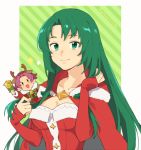  2girls antlers bell bow breasts cape cecilia_(fire_emblem) cleavage closed_mouth fa fire_emblem fire_emblem:_fuuin_no_tsurugi fire_emblem_heroes fur_trim green_eyes green_hair handbell long_hair long_sleeves mamkute multiple_girls nintendo open_mouth pekaso1118n pointy_ears purple_hair reindeer_antlers short_hair smile twitter_username upper_body 