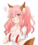  1girl ;) animal_ear_fluff animal_ears blush breasts cleavage collarbone fate/extella fate/extra fate/grand_order fate_(series) fox_ears fox_tail heart large_breasts long_hair looking_at_viewer moti_mosa21 one_eye_closed pink_hair school_uniform shirt simple_background smile solo tail tamamo_(fate)_(all) tamamo_jk_(fate) twintails unbuttoned white_background yellow_eyes 