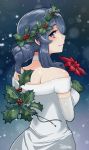  1girl alternate_costume bare_shoulders blue_eyes blue_hair choker commentary dress elbow_gloves english_commentary eyelashes flower gloves gotland_(kantai_collection) hair_over_shoulder hair_up head_wreath highres holding holding_flower holly kantai_collection long_hair looking_at_viewer looking_back night poinsettia psidubs signature snow solo strapless strapless_dress tied_hair white_choker white_dress white_gloves 