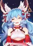  1girl animal_ears bangs bare_shoulders blue_hair bow breasts brown_gloves christmas closed_eyes commentary detached_sleeves earrings english_commentary erune eyebrows_visible_through_hair ferry_(granblue_fantasy) fur-trimmed_sleeves fur_trim gloves granblue_fantasy hair_between_eyes hair_bow highres jewelry long_hair open_mouth pastry_box rabbit_ears red_bow ricegnat single_earring small_breasts smile solo striped striped_bow under_boob upper_body upper_teeth very_long_hair wavy_hair 