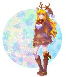  1girl ahoge animal_costume antlers asymmetrical_legwear bell blonde_hair boots hat highres iesupa long_hair prosthesis prosthetic_arm reindeer_antlers reindeer_costume ribbon rwby santa_hat solo violet_eyes wavy_hair yang_xiao_long 