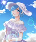  1girl bare_arms bare_shoulders blue_sky breasts chii_(sbshop) clouds collarbone commentary_request dress eyebrows_visible_through_hair frilled_dress frills hair_over_one_eye hat hat_ribbon kirishima_touka light_blue_hair looking_at_viewer medium_breasts open_eyes open_mouth prism ribbon shadow short_hair short_sleeves sky solo sun sun_hat sunlight tokyo_ghoul white_dress white_ribbon 