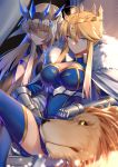  2girls absurdres armor artoria_pendragon_(all) artoria_pendragon_(lancer) bangs blonde_hair blue_legwear braid breasts cape cleavage closed_mouth commentary_request eyebrows_visible_through_hair fate/grand_order fate_(series) french_braid fur-trimmed_cape fur_trim gauntlets gold_trim hair_between_eyes highres large_breasts legs_crossed lion looking_at_viewer mordred_(fate) mordred_(fate)_(all) morgan_le_fay_(fate) multiple_girls parted_lips sidelocks sitting thigh-highs thighs wife_and_wife yellow_eyes yorukun 