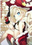  1girl antlers bangs bikini_top black_bikini_top blonde_hair blue_eyes blush breasts christmas colt_m1873_(girls_frontline) commentary_request cowboy_hat drill_hair eyebrows_visible_through_hair facial_mark fur-trimmed_gloves fur-trimmed_jacket fur-trimmed_skirt fur_collar fur_trim garter_straps girls_frontline gloves gun hair_ornament hand_up handgun hat head_tilt highres holding holding_gun holding_weapon jacket legs_crossed long_hair looking_at_viewer looking_to_the_side merry_christmas object_hug off_shoulder parted_lips pom_pom_(clothes) red_gloves red_hat red_jacket red_legwear red_skirt revolver single_thighhigh sitting skirt small_breasts solo star star_print striped striped_legwear thigh-highs trigger_discipline tuchinokoeffect twin_drills twintails vertical-striped_legwear vertical_stripes very_long_hair weapon weapon_request 