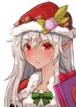  1girl blush bow buronko dark_skin food_themed_hair_ornament frown gift green_bow hair_ornament hat looking_at_viewer peach_hair_ornament pointy_ears red_eyes santa_hat silver_hair simple_background solo tanigawainu_usagi touhou upper_body white_background 