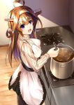  1girl :d ahoge apron breasts brown_hair commentary_request cooking floor hairband heart_ahoge kantai_collection kongou_(kantai_collection) ladle long_hair long_sleeves looking_at_viewer looking_up medium_breasts miyazaki_yukichi open_mouth pot remodel_(kantai_collection) ribbed_sweater shadow smile solo stove sweater turtleneck turtleneck_sweater violet_eyes wooden_floor 