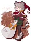  1girl :3 animal_ears christmas christmas_sweater full_body grey_hair hat holding iris_anemone mouse mouse_ears mouse_tail nazrin one_eye_closed pantyhose sack santa_hat solo sweater tail touhou 