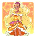  1girl :d amamiya_erena bare_shoulders blonde_hair commentary cure_soleil dark_skin dress earrings english_commentary eyelashes hair_ornament happy jewelry long_hair looking_at_viewer magical_girl open_mouth orange_dress precure smile solo standing star_twinkle_precure venuscho 