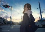  1girl bag bag_charm blue_sky blush breath brown_eyes brown_hair charm_(object) city clouds coat commentary_request hands_in_pockets highres house long_sleeves looking_at_viewer looking_back morifumi original outdoors power_lines scarf shoulder_bag sky snow solo standing telephone_pole traffic_light white_scarf winter 