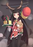  1girl animal_ear_fluff animal_ears antlers balloon bare_shoulders bell black_dress black_hair black_hat box christmas detached_sleeves dress gift gift_box hat highres holding holding_balloon katana long_hair long_sleeves object_hug original pantyhose paryi red_dress red_sleeves santa_costume sheath sheathed sleeveless sleeveless_dress solo stuffed_animal stuffed_toy sword teddy_bear top_hat two_side_up very_long_hair weapon 