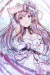  1girl arm_up armlet armpits bandage bangs bare_shoulders commentary_request dress eyebrows_visible_through_hair flower gloves grey_hair hair_flower hair_ornament idolmaster idolmaster_shiny_colors long_hair looking_at_viewer parted_lips sidelocks solo twintails violet_eyes white_dress white_gloves yae_(mono110) yuukoku_kiriko 