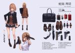  1girl absurdres bag bangs blazer blunt_bangs bow brown_eyes brown_hair cardigan cellphone character_name character_sheet english_text from_behind full_body gloves gun handgun highres holding holding_gun holding_weapon iphone_x jacket knife koh_(minagi_kou) looking_at_viewer magazine_(weapon) multiple_views open_blazer open_clothes open_jacket original phone pleated_skirt profile school_uniform shoes short_hair skirt smartphone solo standing watch watch weapon white_background 