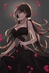  1girl alternate_costume backlighting bangs bare_arms black_dress black_hair blush breasts cleavage dress dress_lift eyebrows_visible_through_hair floating_hair girls_frontline halter_dress heterochromia highres jade_(stone) jewelry large_breasts lifted_by_self light_particles long_hair looking_at_viewer multicolored_hair necklace orange_eyes parted_lips petals qb_516 red_eyes ro635_(girls_frontline) see-through sidelocks solo streaked_hair twintails very_long_hair white_hair wind yellow_eyes 