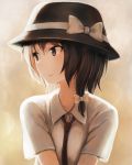  1girl brown_eyes brown_hair fedora fumei_(mugendai) hair_ribbon hat looking_away necktie ribbon short_hair smile solo touhou upper_body usami_renko 