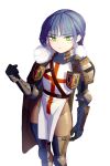  1girl armor blue_hair bodystocking cape fur_trim gauntlets gloves greaves green_eyes mabera original pauldrons solo tabard white_background 