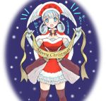  1girl artist_request bell blue_eyes breasts christmas curly_hair dress elbow_gloves fur_trim gloves hat head_wings long_hair looking_at_viewer medium_breasts melia merry_christmas nintendo open_mouth red_dress red_gloves santa_costume santa_hat silver_hair simple_background solo thigh-highs white_background xenoblade_(series) xenoblade_1 