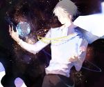  1boy black_pants cape closed_eyes earth glowing grey_hair ink_(303682546) light_smile long_sleeves male_focus outstretched_arms pants planet shirt short_hair sky smile star_(sky) starry_sky upper_body viktor_nikiforov white_shirt yuri!!!_on_ice 