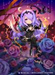  1girl armor axe breasts camilla_(fire_emblem_if) chibi cleavage closed_mouth company_name copyright_name crescent_moon dragon fire_emblem fire_emblem_cipher fire_emblem_if flower gloves hair_over_one_eye holding holding_axe konfuzikokon long_hair moon nintendo official_art purple_hair sitting smile solo star tiara tree_branch violet_eyes wyvern 