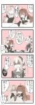  3girls 4koma :d asymmetrical_clothes book breasts buttons chair chin_rest clenched_hand closed_eyes comic commentary_request fingerless_gloves gloves hair_flaps hair_ornament hair_ribbon hairband hand_holding hands_together headgear highres holding holding_paper jacket kantai_collection long_hair mocchi_(mocchichani) monochrome multiple_girls neck_ribbon neckerchief open_book open_mouth pale_face paper ponytail remodel_(kantai_collection) ribbon scarf school_uniform serafuku shaded_face shirayuki_(kantai_collection) short_sleeves sidelocks sitting smile speech_bubble spot_color sweat table translation_request yura_(kantai_collection) yuudachi_(kantai_collection) 