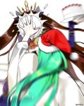  brown_hair cake enkidu_(fate/strange_fake) fate/grand_order fate_(series) food green_hair hat hyaku_chi in_the_face ishtar_(fate/grand_order) long_hair motion_blur pie_in_face plate santa_hat tiara twintails twitter_username very_long_hair white_background 