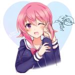  1girl ;d blue_jacket chaos;child collarbone cropped_torso eyebrows_visible_through_hair hair_between_eyes hand_on_another&#039;s_cheek hand_on_another&#039;s_face heart highres jacket long_sleeves looking_at_viewer one_eye_closed onoe_serika open_mouth pink_hair pink_neckwear rotte_(1109) sailor_collar shiny shiny_hair short_hair_with_long_locks sidelocks smile upper_body violet_eyes white_background white_sailor_collar 