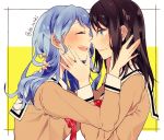  2girls :d ^_^ bang_dream! black_hair blue_eyes blue_hair blush closed_eyes closed_eyes hanasakigawa_school_uniform hand_behind_head hand_in_another&#039;s_hair hand_on_another&#039;s_face long_hair long_sleeves looking_at_another matsubara_kanon multiple_girls neck_ribbon okusawa_misaki open_mouth red_neckwear ribbon sailor_collar school_uniform smile sweatdrop twitter_username upper_body wavy_mouth white_sailor_collar yuki_(t128) yuri 