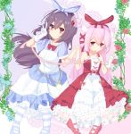  2girls absurdres animal_ear_fluff animal_ears azur_lane bangs blue_bow blue_flower blue_footwear blue_rose blue_shirt blue_skirt bow breasts brown_hair cat_ears closed_mouth collarbone commentary_request crossover dress eyebrows_behind_hair fingernails flower gloves hair_between_eyes hair_bow hand_holding hands_up highres interlocked_fingers kantai_collection kisaragi_(azur_lane) kisaragi_(kantai_collection) long_hair looking_at_viewer mouth_hold multiple_girls namesake nekoyanagi_(azelsynn) pantyhose pink_hair pink_ribbon red_bow red_dress red_flower red_footwear red_rose ribbon ribbon_in_mouth rose shirt shoes short_sleeves single_glove skirt small_breasts smile striped striped_legwear striped_shirt unmoving_pattern v vertical-striped_shirt vertical_stripes very_long_hair violet_eyes white_gloves white_legwear 