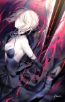  1girl ahoge artoria_pendragon_(all) bangs bare_shoulders black_dress black_gloves black_ribbon blonde_hair braid breasts cleavage closed_mouth dress elbow_gloves fate/stay_night fate_(series) french_braid gloves kousaki_rui long_hair looking_at_viewer ribbon saber_alter small_breasts solo sword weapon yellow_eyes 