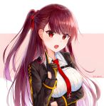  1girl :o bangs black_gloves black_jacket breast_hold breasts collared_shirt eyebrows_visible_through_hair floating_hair girls_frontline gloves hair_ribbon hand_up highres index_finger_raised jacket large_breasts lkeris long_hair long_sleeves looking_at_viewer military military_uniform necktie one_side_up open_clothes open_jacket open_mouth purple_hair red_eyes red_neckwear red_ribbon ribbed_shirt ribbon shirt solo twitter_username uniform upper_body upper_teeth wa2000_(girls_frontline) white_shirt 